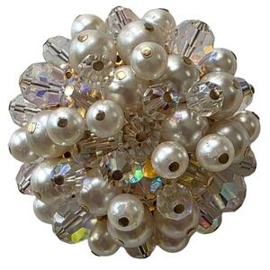 Vintage Aurora Borealis Crystal Faux Pearl Cluster Brooch Pin